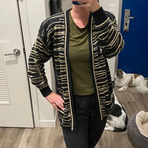 Vintage 90s JJ Browne cardigan grandpa sweater black gold metallic stripes large - Picture 7 of 8